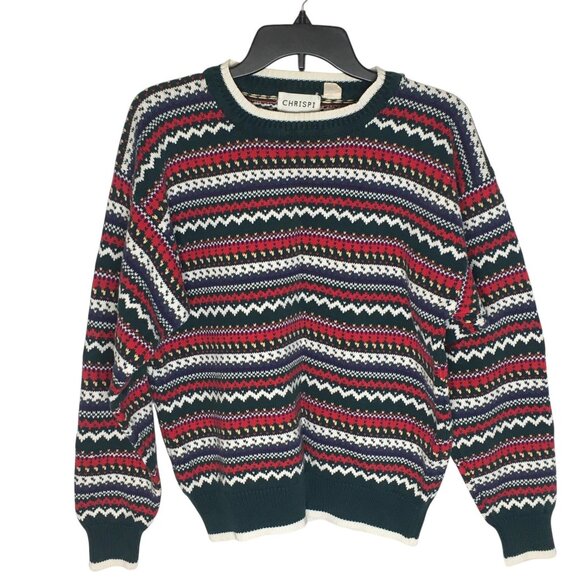 Vintage Chrispi Sweater Mens Medium Green Fair Isle Cotton Knit Crewneck 80s